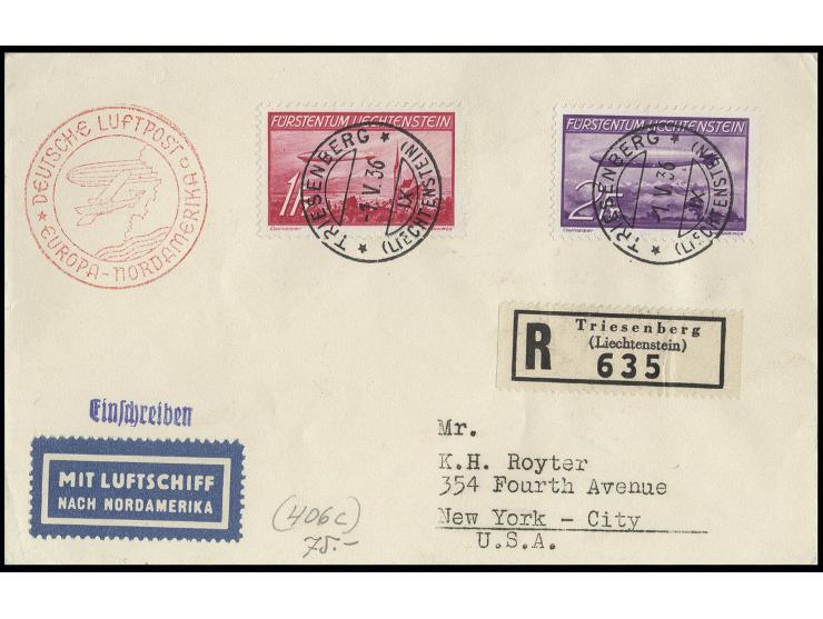 1936, Zeppelin 1 und 2 Fr. mit Ersttagsstempel "TRIESENBERG 1.V.36" auf Zeppelin-R-Brief nach USA, Kabinett