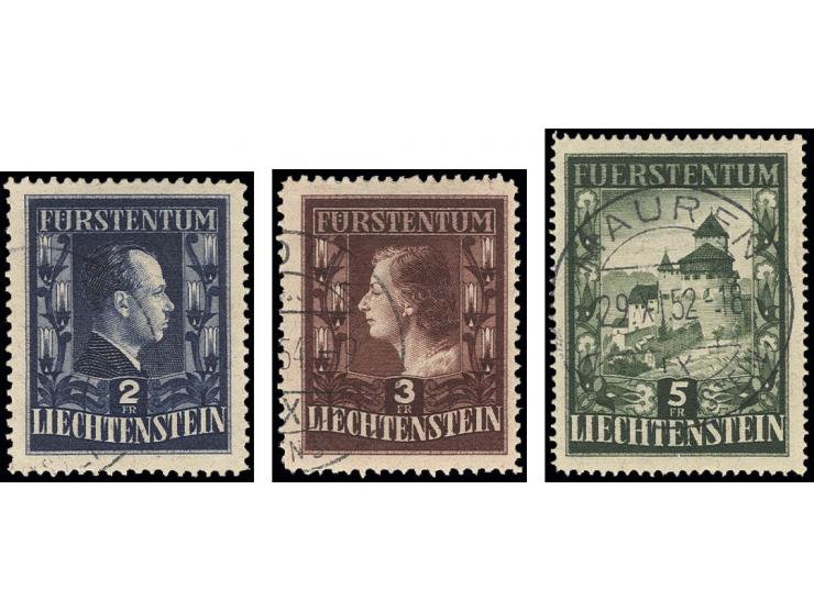 1952, Schloß Vaduz 5 Fr. und 1951, Fürstenpaar 2-3 Fr. gezähnt 12½:12, sauber gestempelt (Mi. 400,-)
