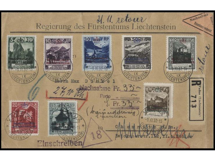 DIENSTMARKEN: 1932, 5 Rp.-1,20 Fr. kpl. auf R-Nachnahme von "VADUZ 9.11.32" nach Chemnitz und retour mit rückseitig L2 "Bis S