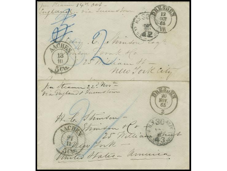 1865, 2 Briefkuverts derselben Korrespondenz von Dresden im Oktober bzw. November 1865 nach New York, beide mit schwarzem Tra