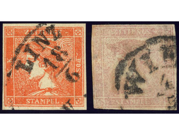 Rosa Merkur 30 Kr. mit Stempel von Wien und zinnober Merkur 6 Kr. mit Stempel von Linz, Sperati-Fälschungen, beide mit BPA-Si