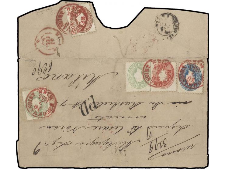 1860, 3 Kr. hellgrün, zwei Werte, sowie 5-15 Kr. mit rotem EKr. "RECOMANDIRT WIEN 20 2 1865" vorder- und rückseitig auf große