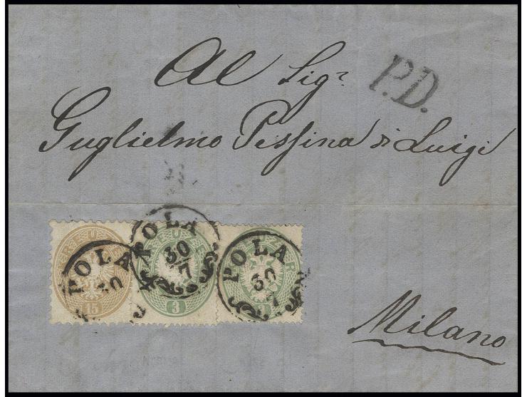 1863, Doppeladler eng gezähnt: 3 Kr. grün (2) und 1864, 15 Kr. braun auf Faltbrief von "POLA 30/7" nach Mailand