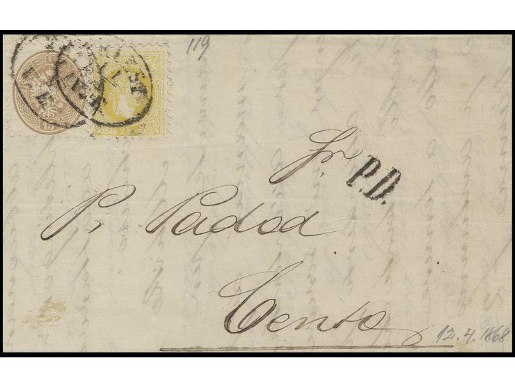 15 Kr. braun und 1867, 2 Kr. gelb auf Faltbrief von "TRIEST 11/4" nach Cento
