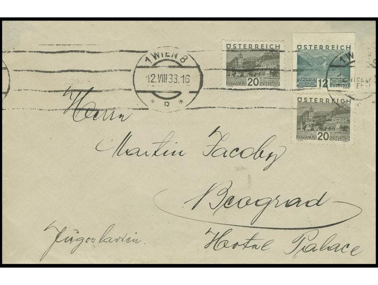 1932, Landschaften 12 Gr., breitrandig ungezähnt mit 2 Stück 20 Gr. auf Brief von "WIEN 12.VIII.33" nach Belgrad mit Ankunfts