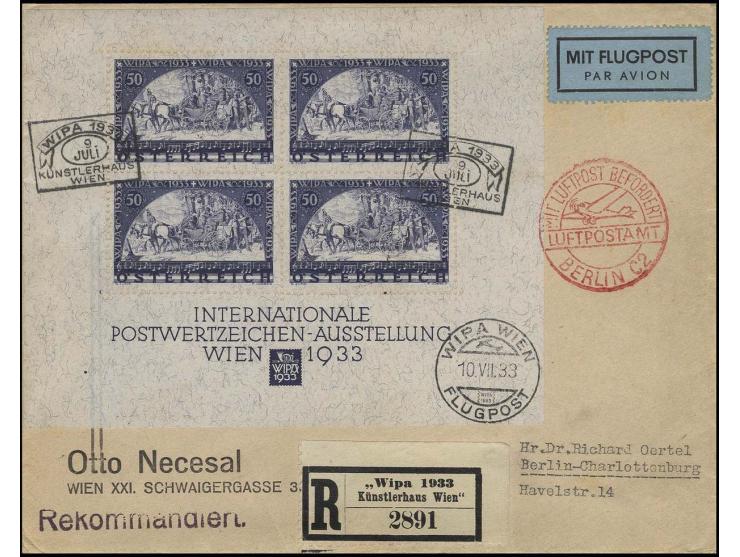 WIPA-Block (leichte Altersspuren) mit Sonderstempel "KÜNSTLERHAUS 10.VII.33" auf Luftpost-R-Brief nach Berlin mit Ankunftsste