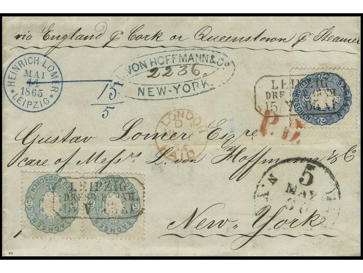 ÜBER BRITISH OPEN MAIL: Wappen 5 Neugroschen graublau im waagerechten Paar und 2 Groschen blau mit Ra. "LEIPZIG DRESD. BAHNH.