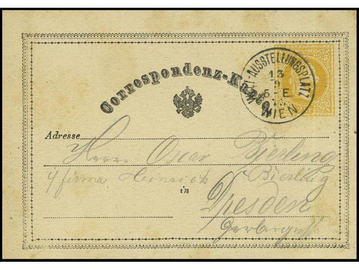 STEMPEL: 1873, "WIEN WELTAUSSTELLUNGSPLATZ 13.9.", SST klar auf bedarfsgebrauchter Ganzsachenkarte 2 Kr. mit interessantem Te