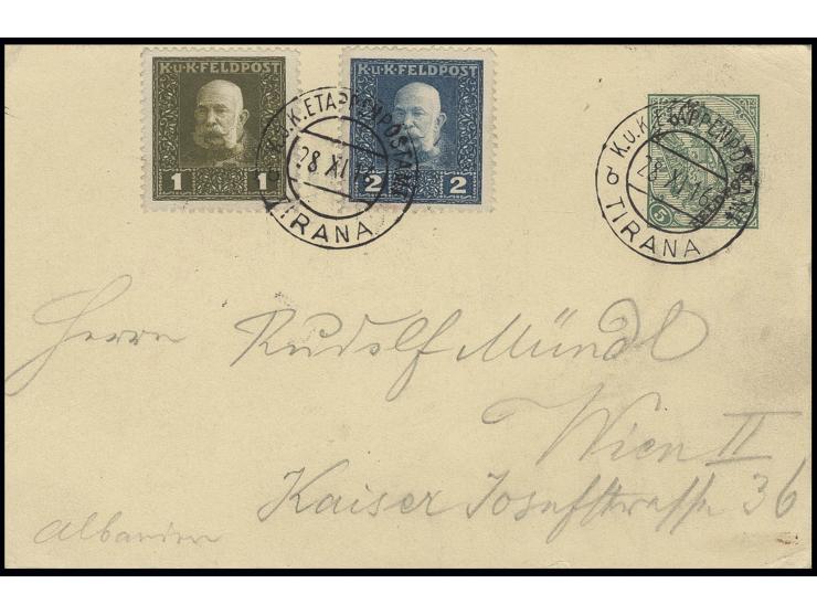 FELDPOST: "K.U.K.ETAPPENPOSTAMT TIRANA 28.XI.15", 2x klar auf Feldpostkarten-Formblatt mit Zufrankatur 1 H. und 2 H. ohne Tex