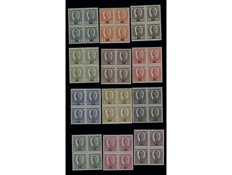 Ausgaben für Rumänien: 1918, nicht verausgabte1-90 B. in Viererblocks, postfrisch in einwandfreier Erhaltung, sehr selten, un