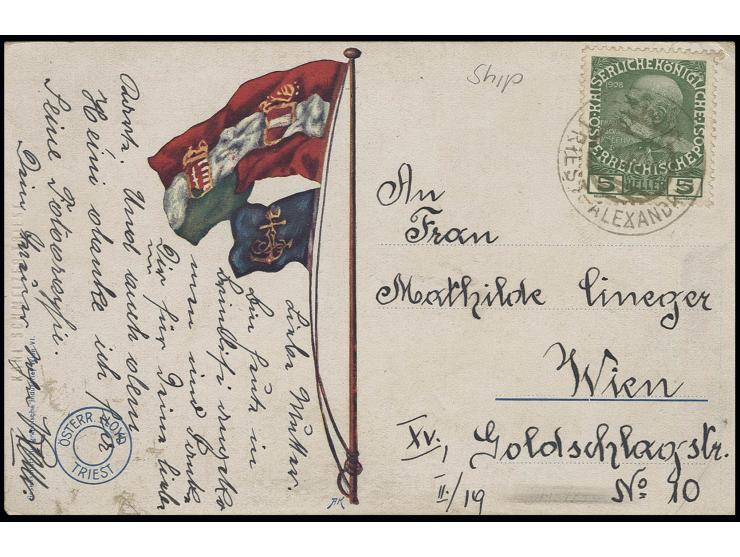 1913, "TRIEST-ALEXANDRIEN 21.XI.13" auf Österreich Regierungsjubiläum 5 H. auf Ansichtskarte der S.S. HELUAN nach Wien, Karte