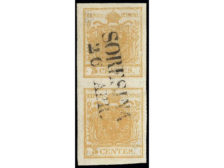 1850, Handpapier: 5 C. orange, senkrechtes Paar, allseits breitrandig mit L1 "SORESINA 26 APR.", Pracht