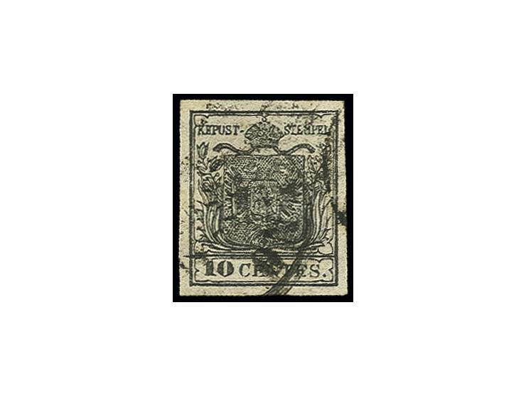 10 C. schwarz mit Retusche in "CENTES.", allseits breitrandig, EKr. von Mailand, Pracht, sign. E. Diena mit Attest (Sassone 2