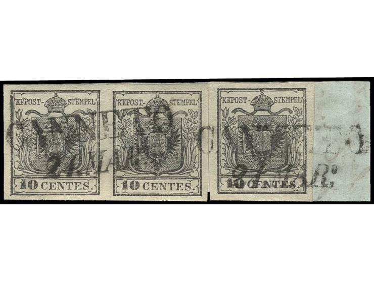 10 C. grauschwarz, Type I, waagerechtes Paar und Einzelstück, alle breitrandig, mit L2 "CANNETO 21 MAR." auf Teil-Briefstück,