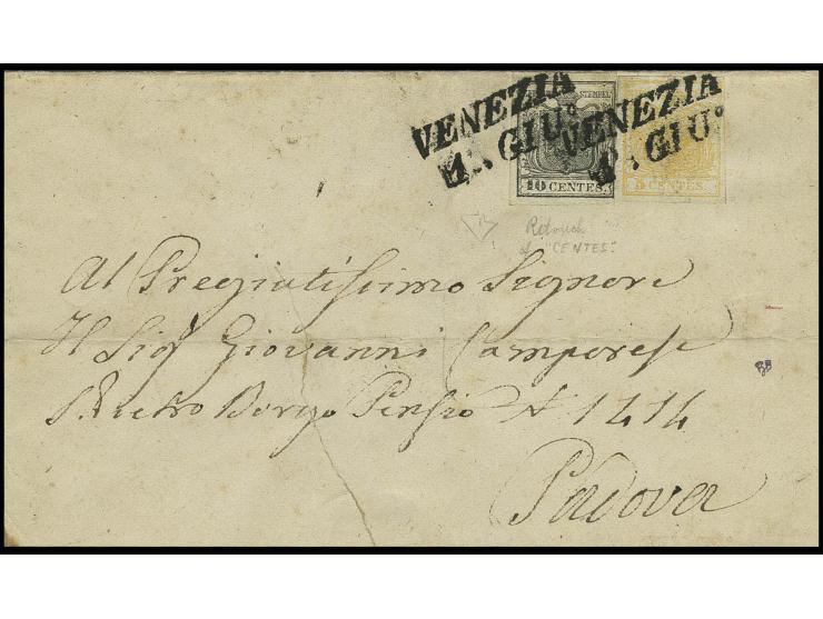 10 C. grauschwarz mit Retusche in "CENTES." (dicitura refatta) mit 5 C. orangegelb, die 10 C. rechts unten etwas berührt, son