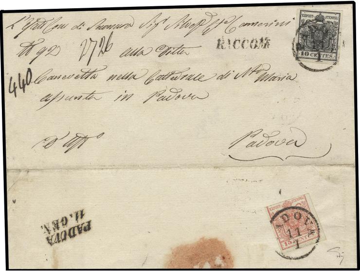 10 C. schwarz, Type Ia, allseits gut gerandet, und 15 C. rot, Type III, oben stark angeschnitten, (rückseitig) auf etwas unkp