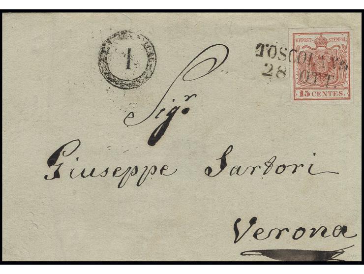 15 C. rot, Type I, Platte 1 (Erstdruck), allseits gut gerandet, mit L2 "TOSCOLANO 28.OTT" auf  Briefhülle (Seitenklappen fehl
