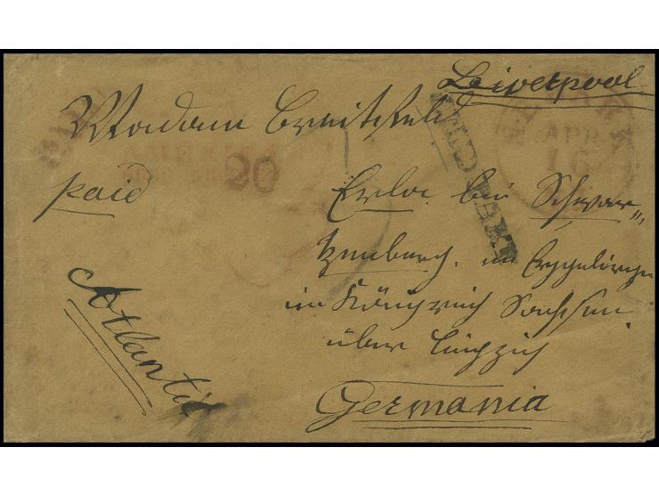 1852, "PAID PART" auf Briefkuvert von "NEWARK APR 16" nach Schwarzenberg im Erzgebirge mit etwas schwachem roten "AMERICA ÜBE