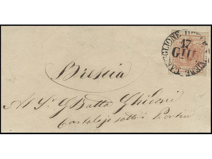 15 C. rot, allseits sehr breitrandig, mit DKr. "CASTIGLIONE DELLE STINIERE 17 GIU" auf Brief nach Brescia, Pracht