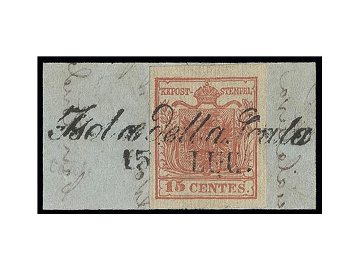 15 C. rot, Type IIa, geripptes Papier voll- bis breitrandig, mit L2 "ISOLA DELLA SCALA 15 LUG" auf Briefstück, Pracht, sign. 
