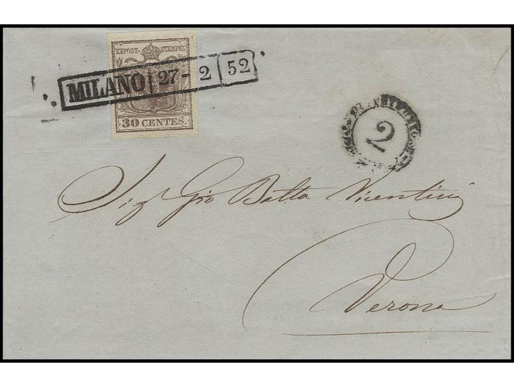 30 C. braun, geripptes Papier, allseits breitrandig, mit Ra. "MILANO 27.2.52" auf Brief nach Verona mit Brief-Ausgabe-Stempel