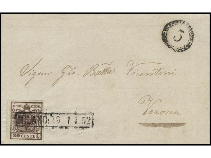 30 C. braun, geripptes Papier, allseits breitrandig, mit Ra. "MILANO 29.11.52" auf Brief nach Verona mit Brief-Ausgabe-Stempe