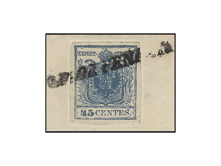 45 C. dunkelblau, Type I, allseits breitrandig, mit kpl. L1 "C. V. DA VENEZIA" auf Briefstück, Pracht, sign. und Fotobefund D