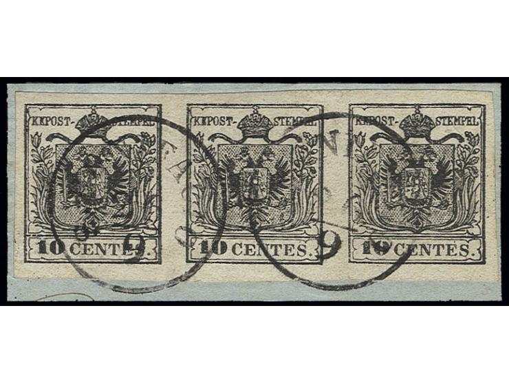 Maschinenpapier: 10 C. tiefschwarz, waagerechter 3er-Streifen, allseits breit- bis überrandig mit 2 kpl. zarten EKr. "S. BONI
