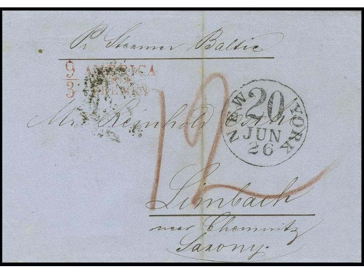 1852, "9/3 AMERICA ÜBER BREMEN" auf Faltbrief von New York nach Limbach mit schwarzem "20 NEW YORK JUN 26", befördert mit der