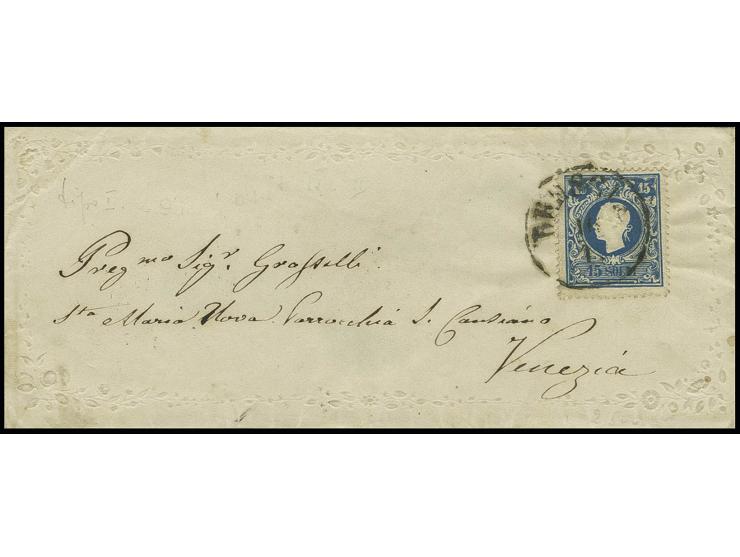 1858, Type I: Franz Joseph 15 So. blau, farbfrisch und gut gezähnt mit EKr. "BRESCIA" auf kleinem Damenbrief mit farblos gepr