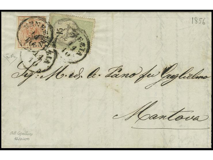 15 C. grün/schwarz in Mischfrankatur mit Freimarke 1850, 15 C. rot, Maschinenpapier, mit EKr. "VENETIA 14/10" (1856) auf kpl.