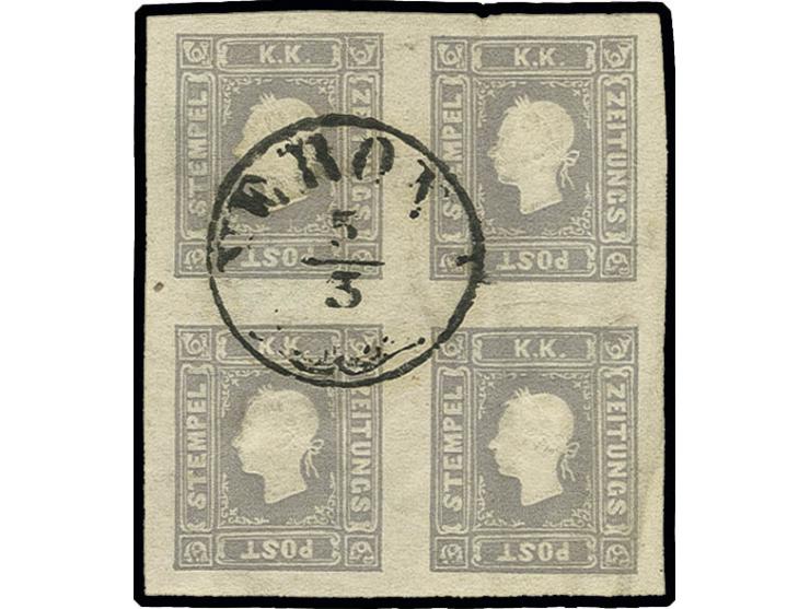 Zeitungsmarken: 1859, 1,05 So. lilagrau im 4er-Block, allseits breitrandig mit zentrisch sauber aufgesetztem EKr. "VERONA 5/3