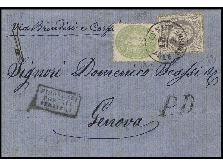 1864, 3 So. grün (Aufklebeknitter) und 1867, 25 So. graulila, mit EKr. "LLOYD AGENZIE SMIRNE 15.5." (1869) auf Faltbrief mit 