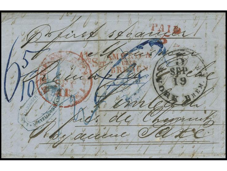 1853, "4½ / 2 Sgr. / AMERICA ÜBER BREMEN", Langstempel in rot auf komplettem Brief von New Orleans nach Limbach mit ebenfalls