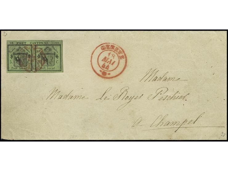 1843, Doppelgenf 5 C. + 5 C. auf lebhaftgrünlicholiv, voll- bis breitrandig und farbfrisch mit zentrisch sauber aufgesetzter 