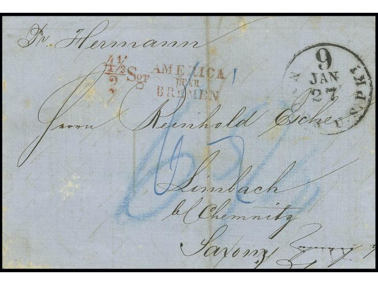 1855, "4½ / 2 Sgr. / AMERICA ÜBER BREMEN" in rot auf Faltbrief von New York mit dem Dampfer 'Hermann' der Ocean-Line nach Lim