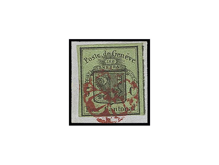 1847, Großer Adler 5 C. auf gelbgrün, farbfrisch, voll- bis überrandig mit roter Genfer Rosette auf Briefstück, unten Einriss