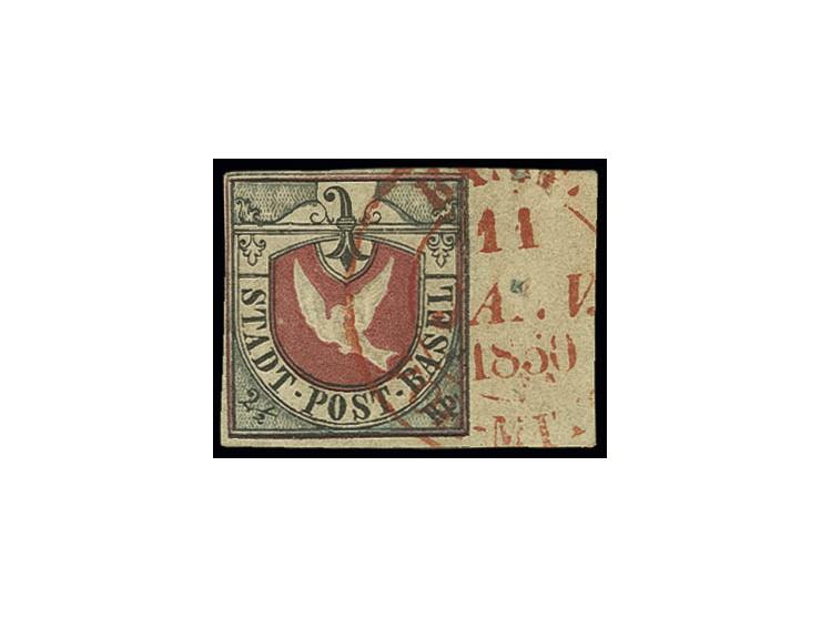 1845, Basler Taube 2½ Rp. schwarz/blau/karmin, voll- bis überrandig, unten mit kleinem Teil der Nebenmarke, rechts mit 10 mm 