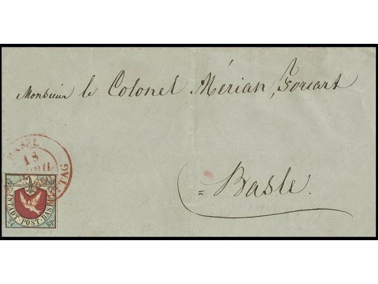 2½ Rp. schwarz/blau/karmin, sehr schön farbfrisch und hervorragend geprägt, in der äußeren Randlinie teils berührt, rechts br
