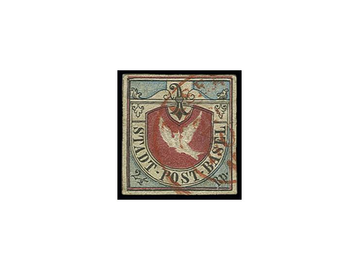 2½ Rp. schwarz/lebhaft blau/karmin, 1. Auflage, farbfrisch und für diese Marke allseits sehr breit gerandet, links und rechts
