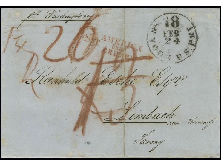 1855, "4/9 Sgr. / AMERICA ÜBER BREMEN" in rot auf Faltbrief der 2. Gewichtsstufe mit Aufgabestempel "18 N. YORK U.S. PKT FEB 