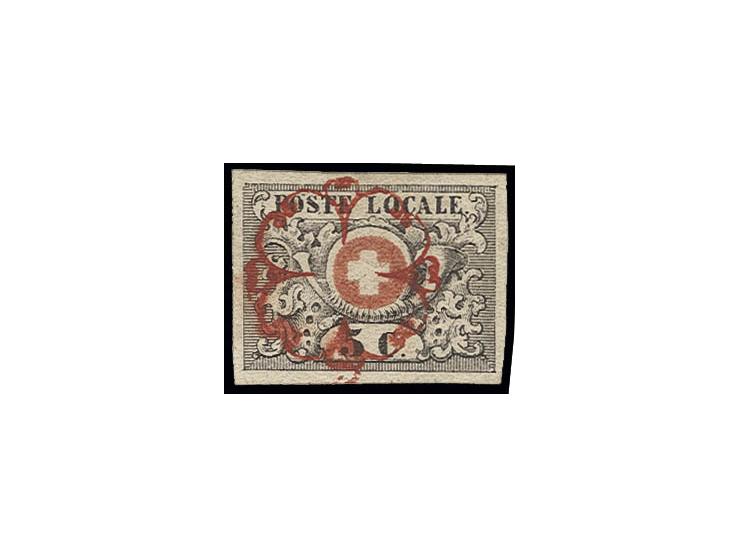 1850, Waadt 5 C. schwarz/rot, farbfrisch, allseits breitrandig mit zentrischer sattroter Genfer Rosette, Kabinett, signiert u