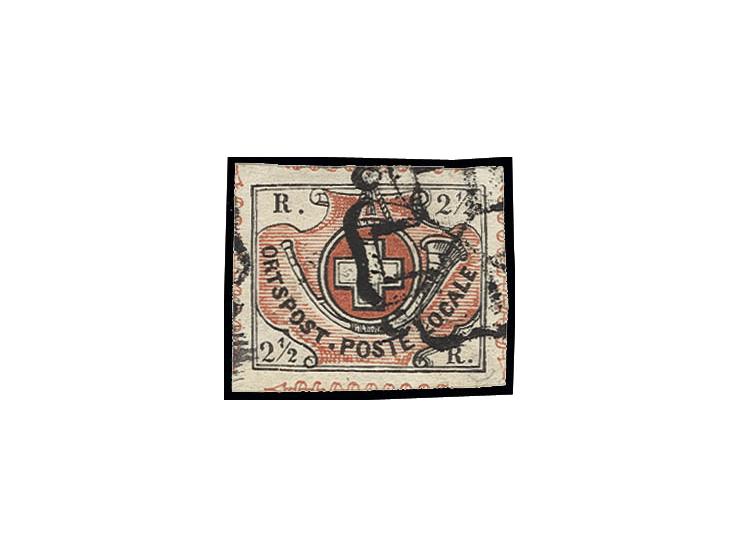 1850, Winterthur 2 ½ Rp. schwarz/braunrot, farbfrisch, allseits breitrandig mit sichtbaren Teilen der Trennungsornamentik mit
