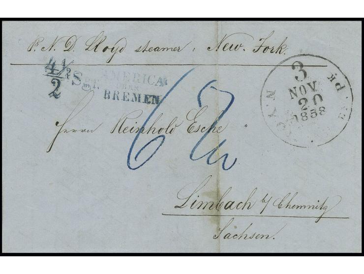 1858, "4½/2 Sgr./ AMERICA ÜBER BREMEN", Langstempel in blau auf komplettem Brief von New York nach Limbach mit Ausgabestempel