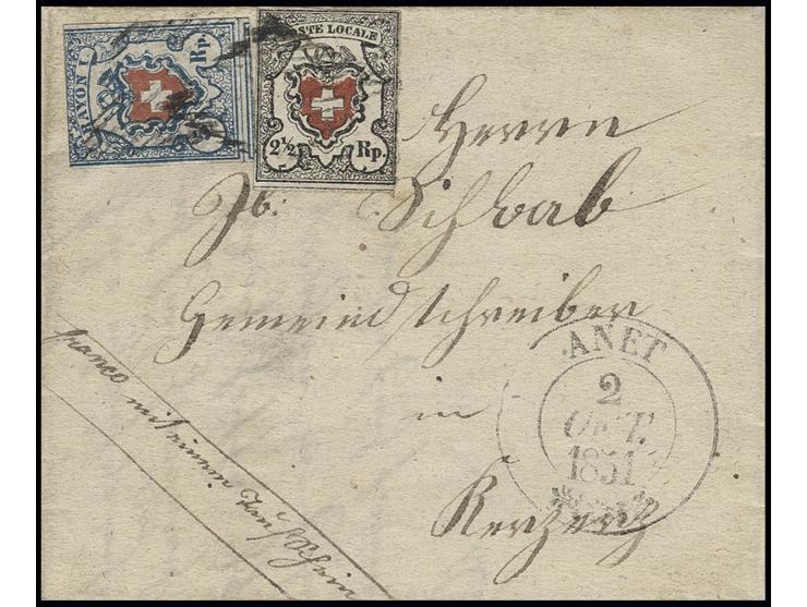 2 ½ Rp. schwarz/rot und 1851, 5 Rp. hellblau (beide Schnittmängel) mit schwarzer Raute auf Faltbrief mit Aufgabe-Nebenstempel