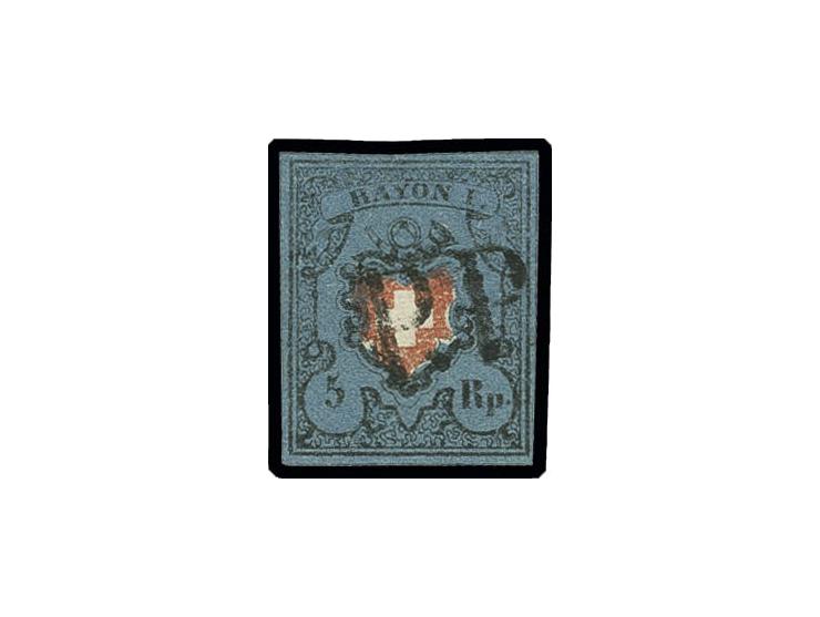 Rayon I 5 Rp. schwarz/zinnoberrot auf blau, farbfrisch und allseits gut gerandet mit sauberem "P.P.", Pracht, sign. Zumstein 