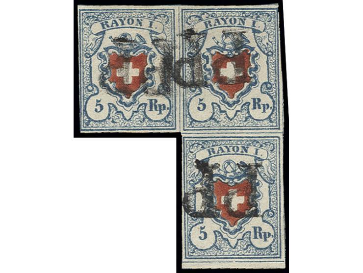 1851, Rayon I 5 Rp. blau/rot, Stein CII, 3er-Block, voll- bis meist breitrandig mit schmalem unteren Bogenrand, mit jeweils s