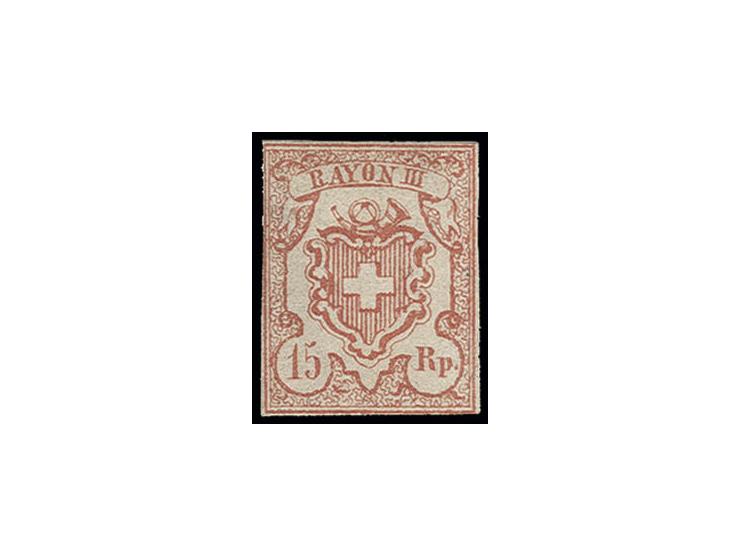 1852, Rayon III 15 Rp. ziegelrot, sehr frische Farbe, links oben mit Randschnitt, sonst vollrandig, ungebraucht mit Originalg