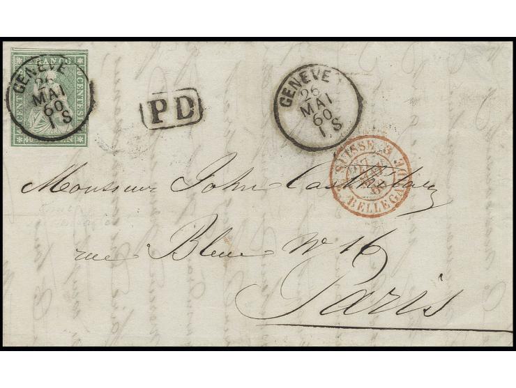 1854/59, Strubli-Ausgabe, später Berner Druck 40 Rp. gelblichgrün, sehr schön gerandet, oben mit Teil der Nachbarmarke, mit i