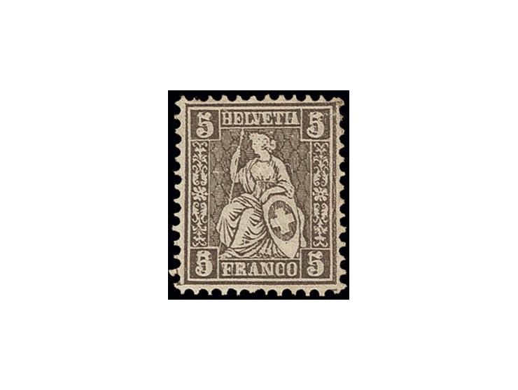 1862/81, Sitzende Helvetia auf weißem Papier: 5 C. braun mit Doppelprägung, davon eine kopfstehend, ungebraucht ohne Gummi, k